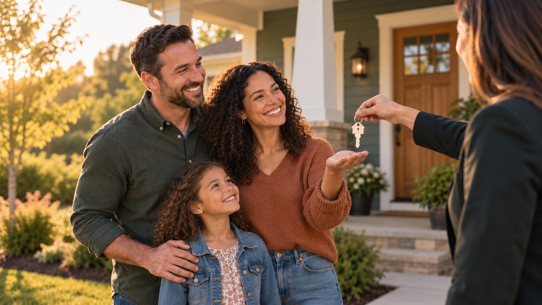 A family receiving the keys to their new home
